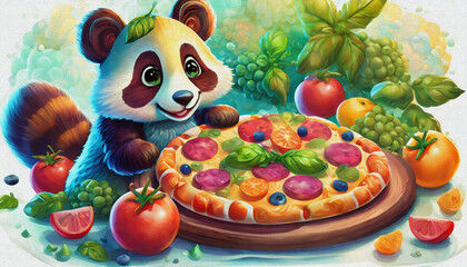 oil painting style CARTOON CHARACTER CUTE panda and  raccoon Tasty pepperoni pizza and cooking ingredients, 