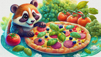 oil painting style CARTOON CHARACTER CUTE panda and  raccoon Tasty pepperoni pizza and cooking ingredients, 