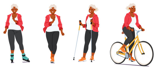 Fototapeta premium Elderly Woman in Sportswear Enjoying Various Outdoor Sports Activities and Recreation, Wheeling On Rollerblades
