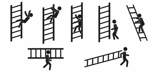 a set of illustrations of the concept of a man and a ladder, up the stairs, falling down the stairs, a warning sign, a human figurine, working at height © Татьяна Лесогор