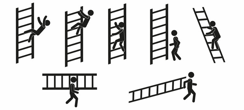 a set of illustrations of the concept of a man and a ladder, up the stairs, falling down the stairs, a warning sign, a human figurine, working at height
