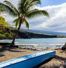 Hawaiian Fishing Canoe on The Shore Overlooking Kauhako Bay, Ho'okena Beach Park, Captain Cook, Hawaii Island, Hawaii, USA