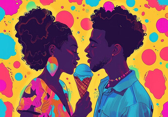 Happy couple enjoying ice cream cone in front of colorful polka dots background on a sunny day