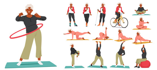 Elderly Woman Character Doing Various Exercises Like Stretching, Cardio, Yoga, Pilates, Bicycling and Rollerblading