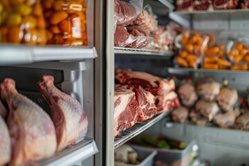 Refrigerator with frozen food (pork, meat and chicken leg)