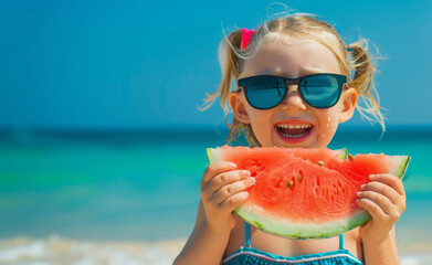 A happy young girl eating a large slice of watermelon in summer - obrazy, fototapety, plakaty