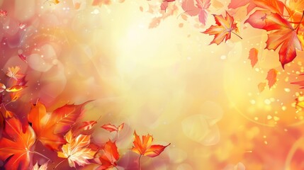 Naklejka na ściany i meble Landscape background of fallen maple leaves in autumn with bokeh sunlight