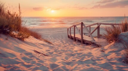 Beautiful sand dune beach at sunset with wooden bridge
