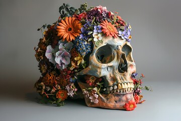 Craft a traditional clay sculpture depicting a skull from a tilted angle, contrasted by a vivid array of lifelike, vibrant flowers - obrazy, fototapety, plakaty