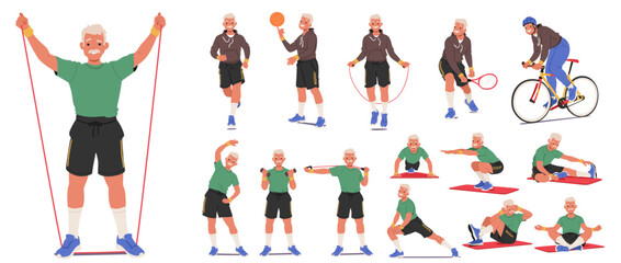 Elderly Man In A Jersey Doing Various Exercises. Aged Male Character Engaging In Different Sports, Vector Illustration