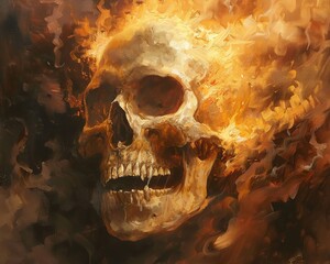 Craft a traditional oil painting showcasing a detailed worms-eye view skull with fiery hues and intense flames, evoking a sense of infernal power and torment - obrazy, fototapety, plakaty