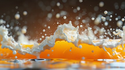 Craft an engaging scene capturing a dynamic milk splatter colliding with vibrant orange juice, the collision frozen and highlighted with realistic 3D rendering techniques - obrazy, fototapety, plakaty