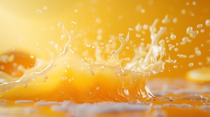 Craft an engaging scene capturing a dynamic milk splatter colliding with vibrant orange juice, the collision frozen and highlighted with realistic 3D rendering techniques - obrazy, fototapety, plakaty