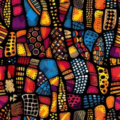 Ethnic and tribal motifs African geo bold seamless pattern in red yellow blue black and purple colors