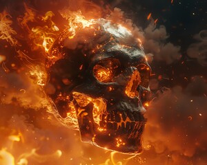 Create a stunning digital 3D rendering of a worms-eye view skull engulfed in vibrant, swirling flames of fire, transporting viewers to the fiery depths of hell - obrazy, fototapety, plakaty