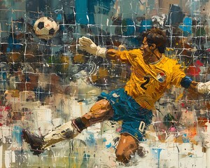 Create a dramatic scene of a player shooting towards the goal, showcasing the intensity of the match in a traditional oil painting with a focus on movement and precision - obrazy, fototapety, plakaty