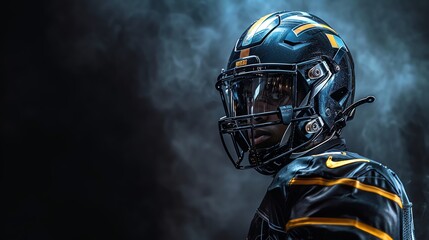 Dramatic portrait of an American Football player in full gear, helmet shining under a spotlight against a dark black background