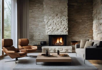 wild stone room design wall interior modern cladding chair living fireplace home Sofa Mid-century