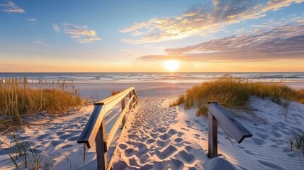 Beautiful sand dune beach at sunset with wooden bridge - obrazy, fototapety, plakaty