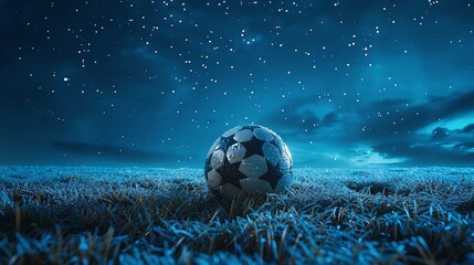 Dramatic scene of a decisive penalty kick in a soccer game, the ball mid-air heading towards the goal under a night sky - obrazy, fototapety, plakaty
