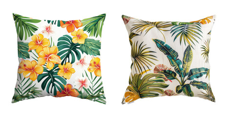 Set of the two collorfull pillows with tropical pattern on transparent background