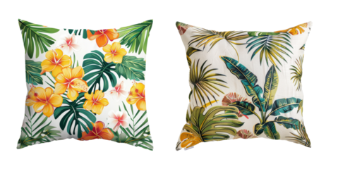 Set of the two collorfull pillows with tropical pattern on transparent background