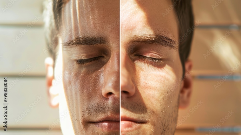 Poster A before and after image of a persons pressure with the first image showing high pressure and the second image showing a decrease after regular sauna use..