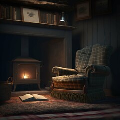 A lonely sofa beside a fireplace