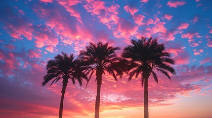 Fototapeta na wymiar palms tree on pink sunset background
