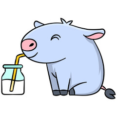 A fat piglet has a happy face drinking milk from a glass straw