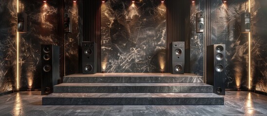 Modern D Rendered Podium Equipped with Speakers - obrazy, fototapety, plakaty