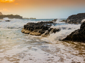 Waves Washing Over Lava Cliffs at Kahalahala Beach, Kauai, Hawaii, USA