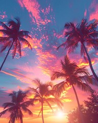 palms tree on pink sunset background