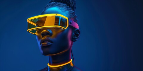A portrait of female, wearing futuristic AR glasses with yellow frames and black lenses