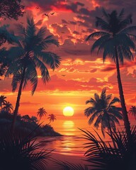 palms tree on golden sunset sky background - obrazy, fototapety, plakaty