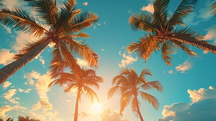 palms tree on sunset sky background - obrazy, fototapety, plakaty