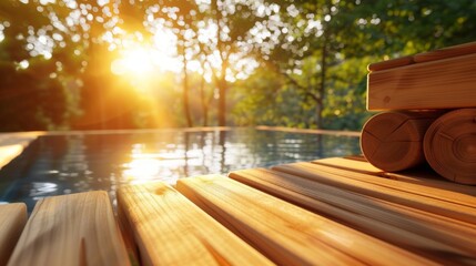 A person with fibromyalgia enjoys a restorative sauna session while on vacation surrounded by the calming sounds of nature. They feel grateful for the opportunity to relax and rejuvenate.