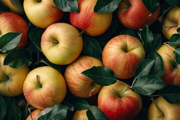 A close-up view of fresh apples with red and yellow hues, surrounded by vibrant green leaves. - Powered by Adobe