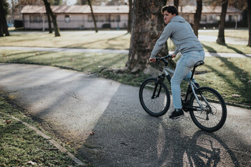 A cheerful young man enjoys a leisurely bike ride in a serene park setting, taking in the beauty of...
