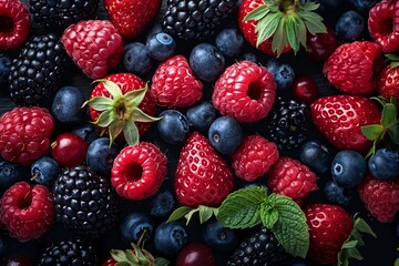 Various fresh berries tightly packed together, including strawberries, raspberries, blueberries, and blackberries, decorated with mint leaves.