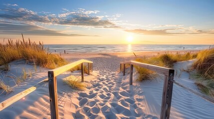 Beautiful sand dune beach at sunset with wooden bridge