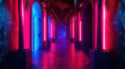 Entrance to dark room with neon lights and palm tree