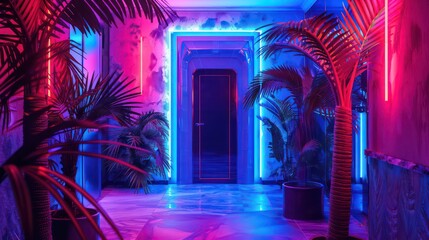Entrance to dark room with neon lights and palm tree