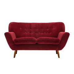 Red velour luxury upholstered sofa with rivets on transparent background 