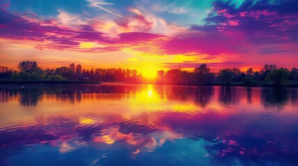 Obraz premium Vibrant sunset over a serene lake, with colorful reflections shimmering on the water