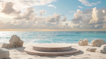 Beach podium summer background sand product 3D sea display platform. Beach podium. Summer banner