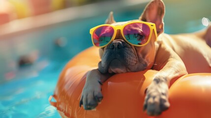 Cute French Bulldog in Shades Relaxing on a Vibrant Float