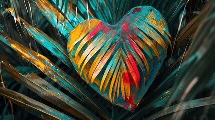 Colorful love heart shape, with palm leaf. sketch art for artist creativity and inspiration