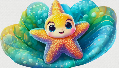 oil painting style CARTOON CHARACTER CUTE baby starfish isolated on white background, top view. side front