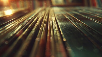 Gently outoffocus vinyl records and faded photographs create a dreamlike aura transporting you back to a time filled with sweet harmonies and fond recollections on the Melodious Memory .